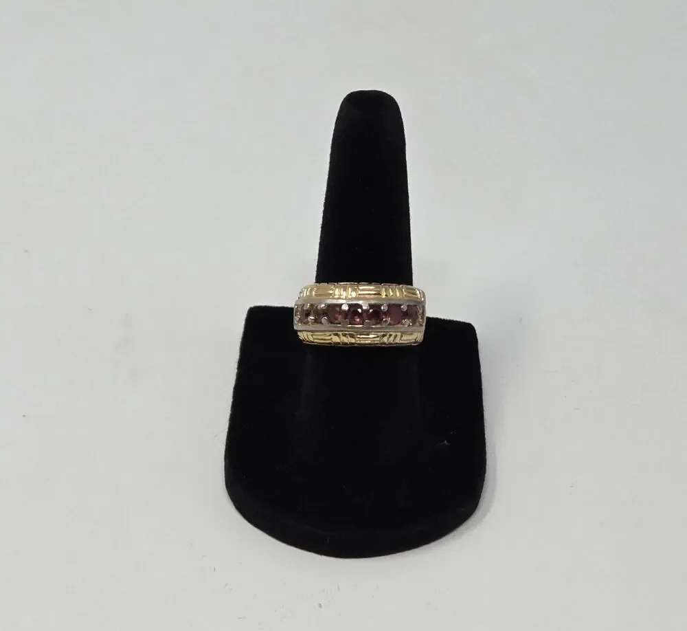 925 Sterling Silver Gold Plated Garnet CZ Channel Set Ring‎ Wide Band Mens...